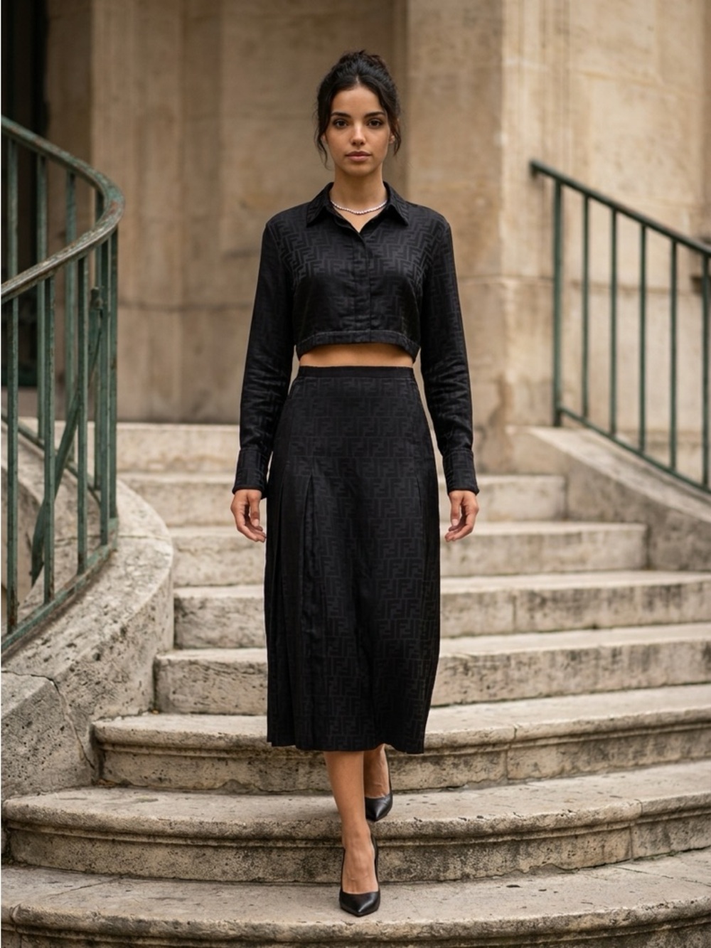 Fendi Black FF Jacquard Cropped Shirt & Midi Skirt Set
